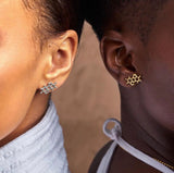Close-up of two people wearing molecular structure earrings. The person on the left sports melanin structure earrings in silver with a white top, while the person on the right has gold ones with a white halter top. The background is softly blurred, highlighting their distinctive style.