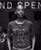 A person wearing a T-shirt adorned with a chemical structure labeled Melanin stands confidently, representing the essence of Eumelanin products. The background features partially visible text, and the image is in classic black and white.