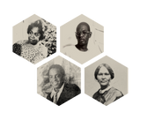 Four hexagonal portraits of individuals from different historical periods, arranged in a diamond formation, are reminiscent of a timeless shop window display. Each person is dressed in clothing suggesting a vintage era, showcasing diverse styles and expressions enriched with eumelanin tones.