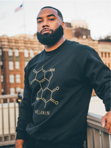 A man with a beard stands on a rooftop in a sleek black crewneck sweatshirt featuring a bold molecule graphic and the word MELANIN. The unisex design complements the blurred cityscape backdrop and an unfurled American flag.