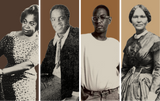 An image of four people, each in separate panels with different background shades. From left to right: a person in a patterned dress showcasing eumelanin-rich skin, a seated person in a suit, a person in glasses and white shirt ready for the shop, and someone dressed in historical clothing.