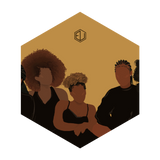 Four faceless individuals with different hairstyles stand together against a golden hexagonal background, showcasing styles enriched with eumelanin. The hairstyles include an afro, short curls, and braids. The central person stands confidently with arms crossed, as if posing for a shop display.